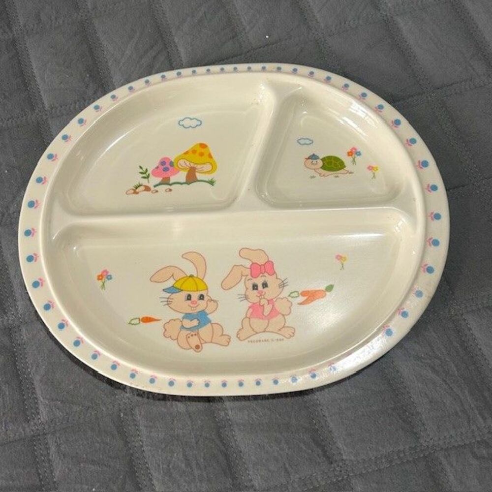 Vintage Peco 1986 Melamine Child’s Divided Plate 01674 Rabbit Turtle Mushroom